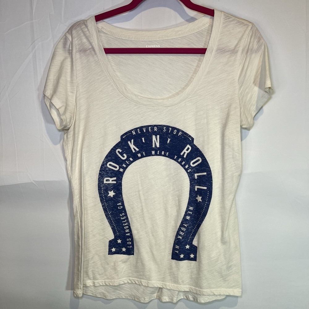 Express Never Stop Rock‎ N Roll Oversized Shirt Size Medium Round Neck Horseshoe